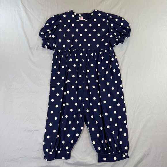 Helen's Other - Vintage Helen's Navy Polka Dot Jumpsuit Kids Puff Balloon Sleeve USA 80s Retro